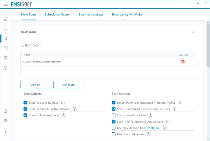 Emsisoft antimalware, custom scans