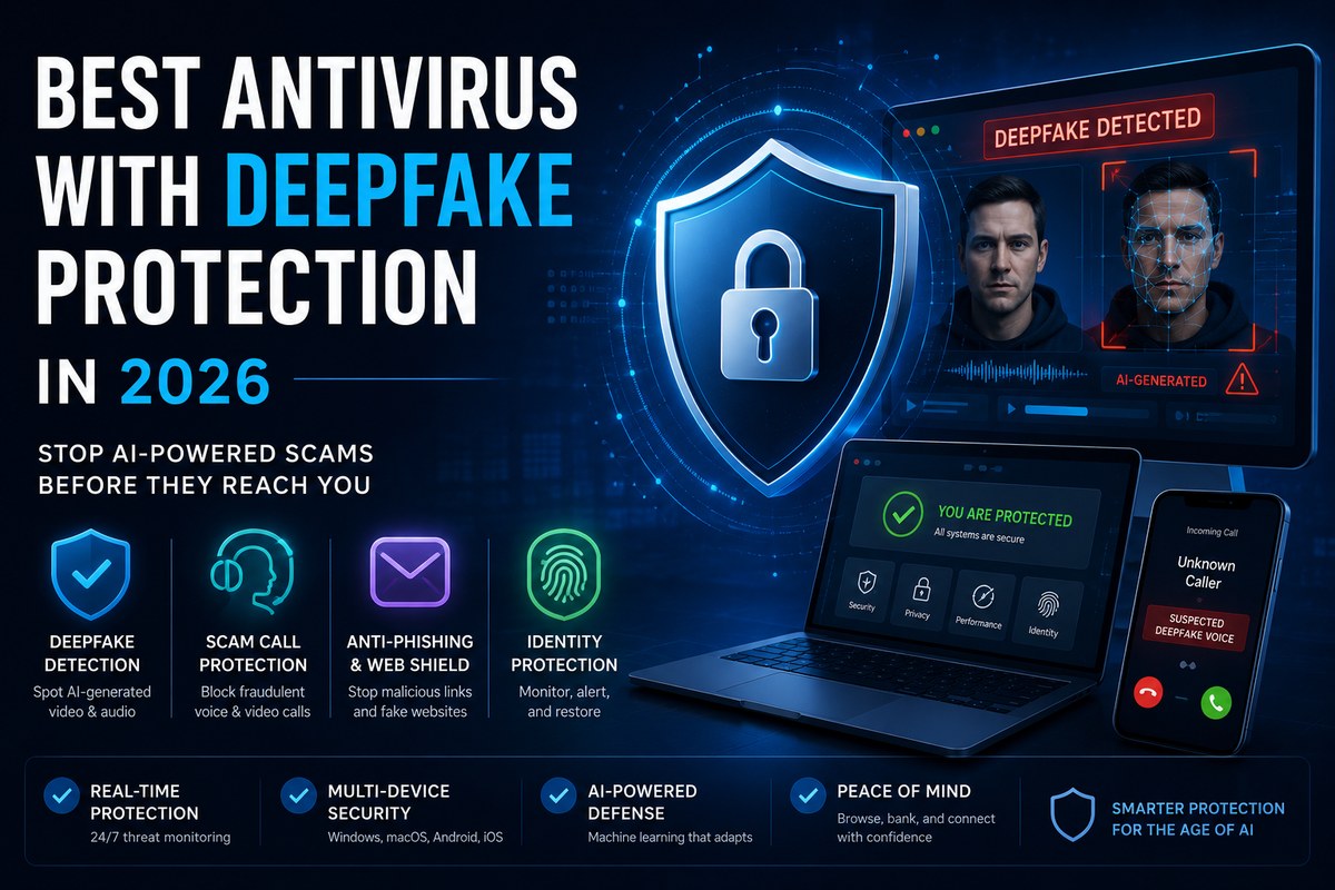 Best antivirus with deepfake protection in 2026 — shield with deepfake-detected video, scam-call alert, and protected laptop