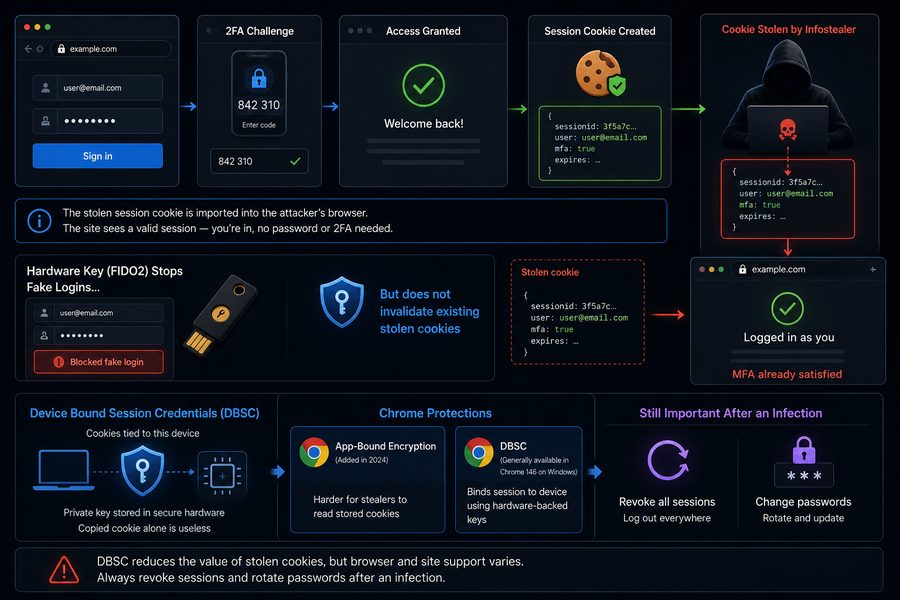How session-cookie theft lets an attacker replay a logged-in session and bypass two-factor authentication
