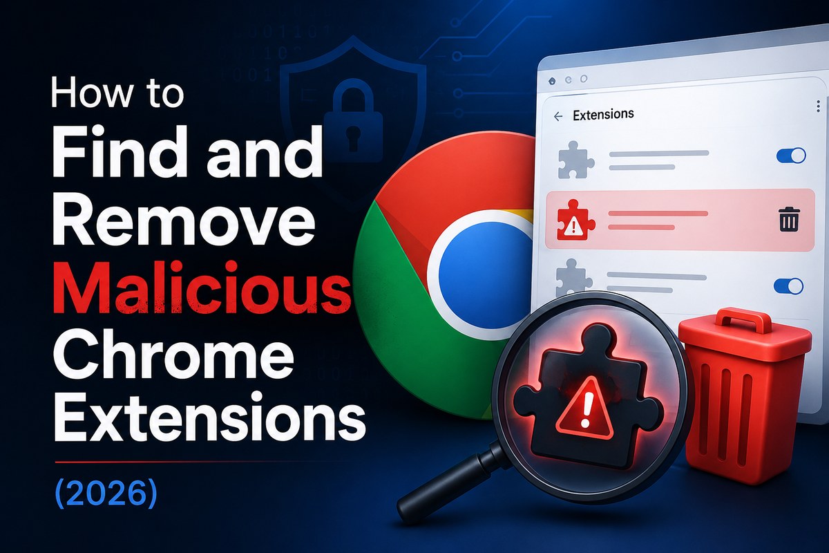 Magnifying glass examining a Chrome browser extensions panel with one extension flagged as malicious in red and a trash bin icon for removal