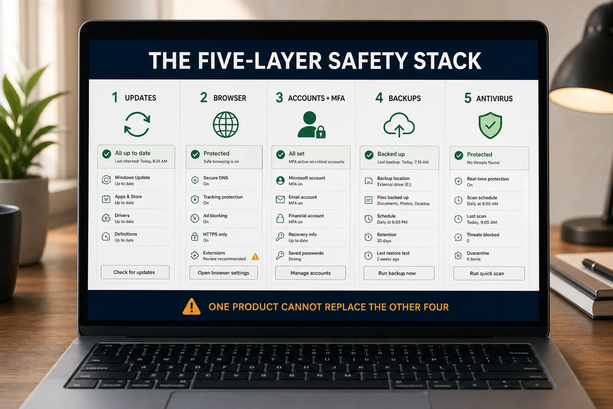 Five-layer home security stack with updates, browser protection, MFA, backups and antivirus