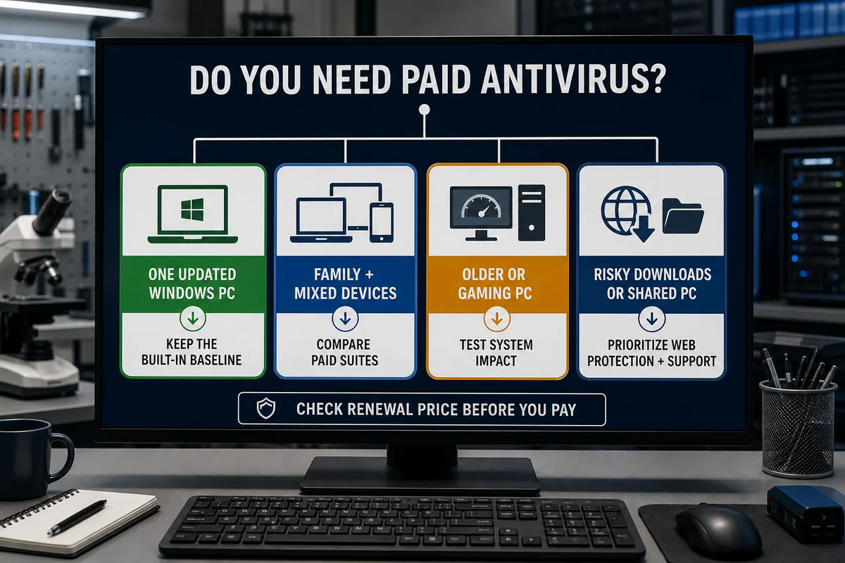 Paid antivirus decision map for a Windows PC, family devices, older hardware and higher-risk use